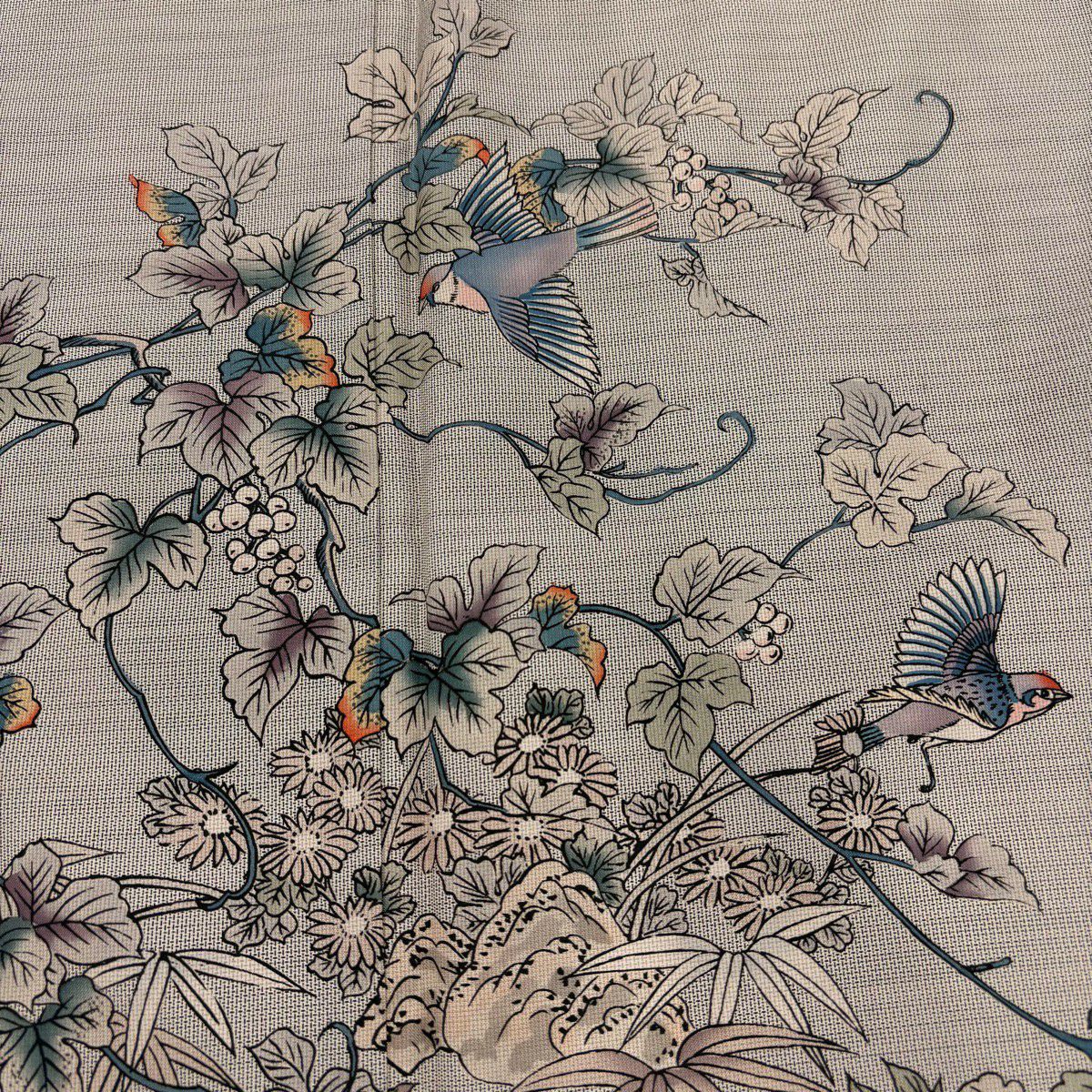 付下 身長167.5cm 袖長66.5cm M 雙層 紬織織 農花染 落款 葡萄 鳥 灰茶 純蠶絲 優品級