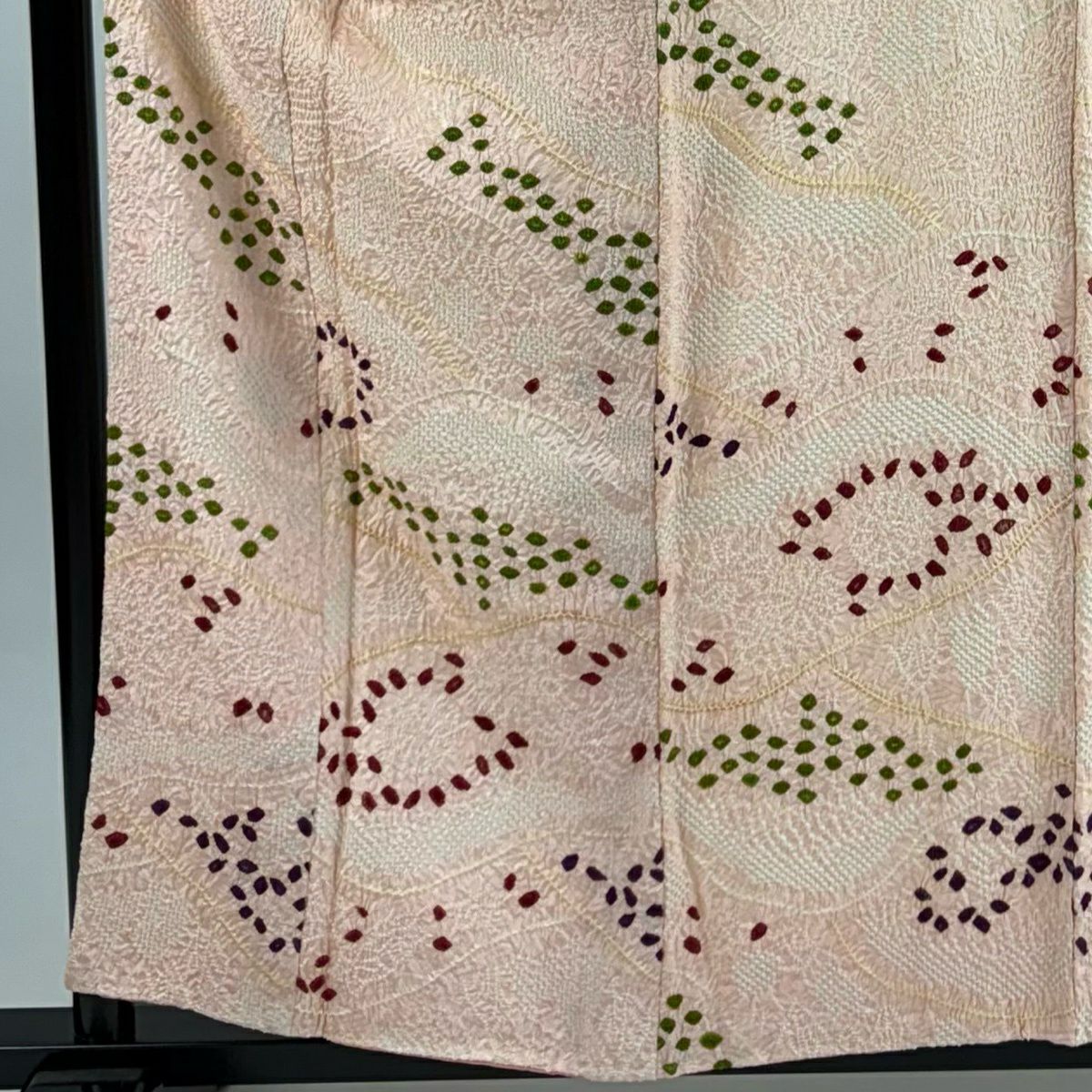 小紋 身長157.5cm 袖長65.5cm M 雙層 草花紋紋 幾何學圖案 絞染 粉米色 純蠶絲 優品級