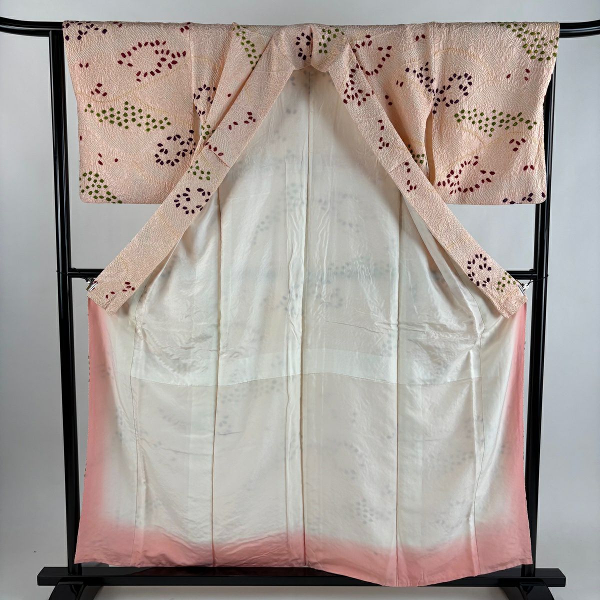 小紋 身長157.5cm 袖長65.5cm M 雙層 草花紋紋 幾何學圖案 絞染 粉米色 純蠶絲 優品級