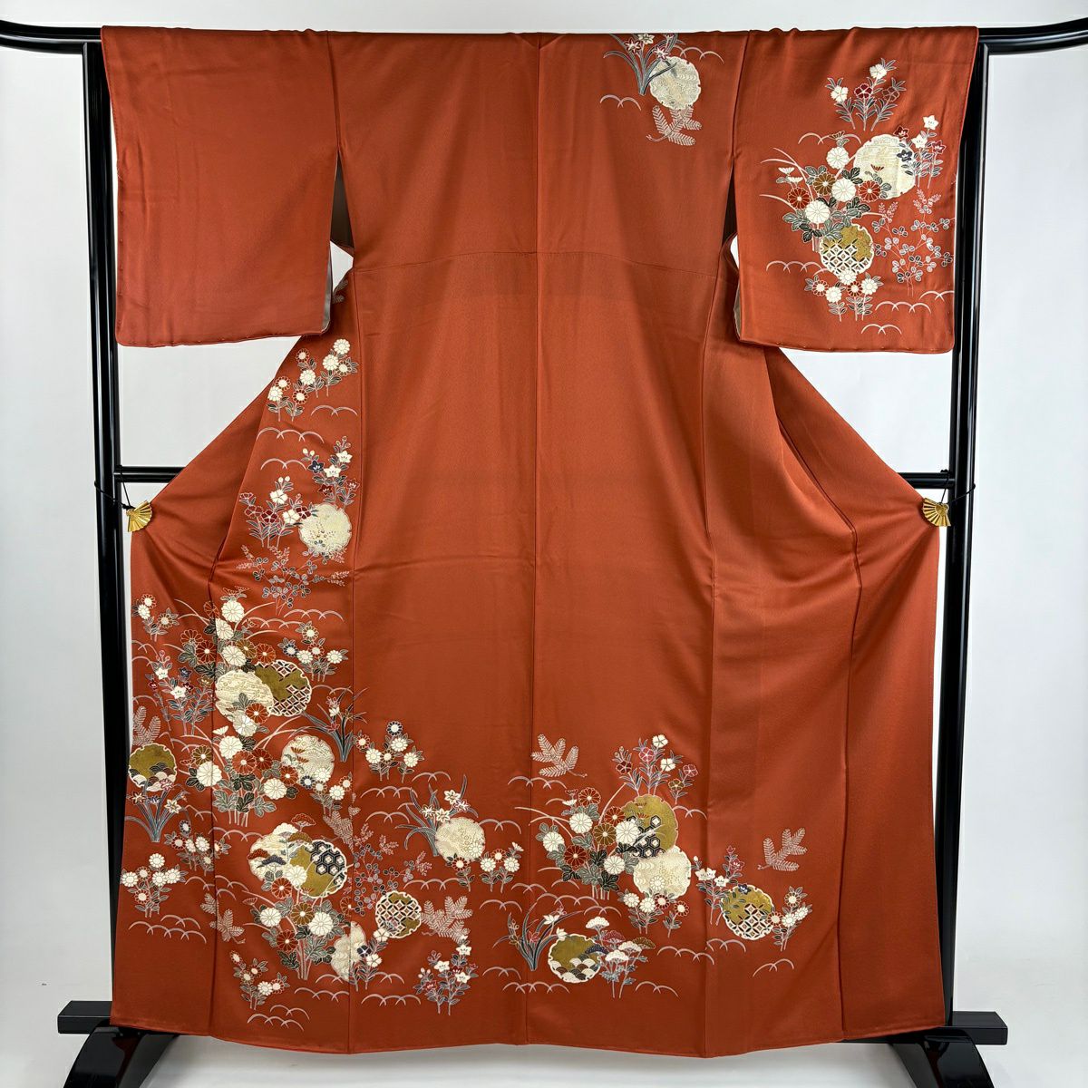 訪問服 身長161.5cm 袖長64.5cm M 雙層 雪輪 秋草 金彩裝飾 刺繡 紅茶 純蠶絲 秀品級