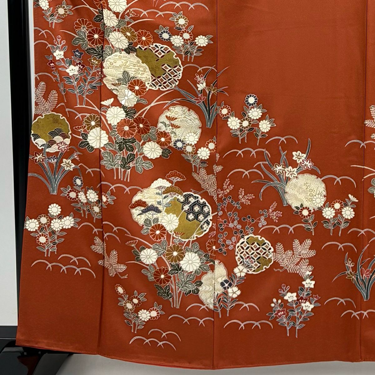 訪問服 身長161.5cm 袖長64.5cm M 雙層 雪輪 秋草 金彩裝飾 刺繡 紅茶 純蠶絲 秀品級