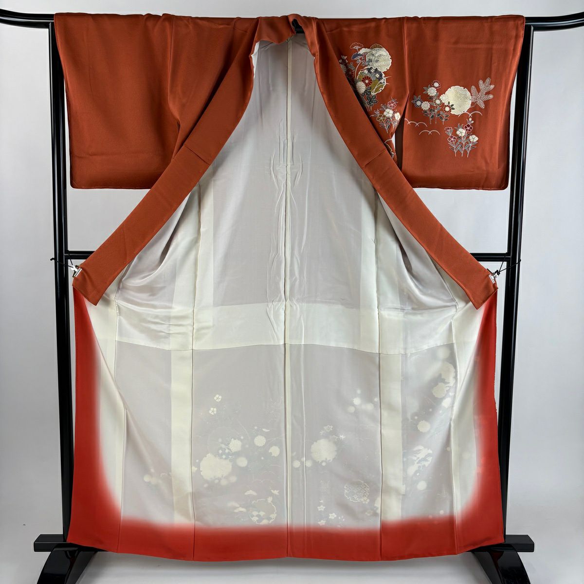 訪問服 身長161.5cm 袖長64.5cm M 雙層 雪輪 秋草 金彩裝飾 刺繡 紅茶 純蠶絲 秀品級