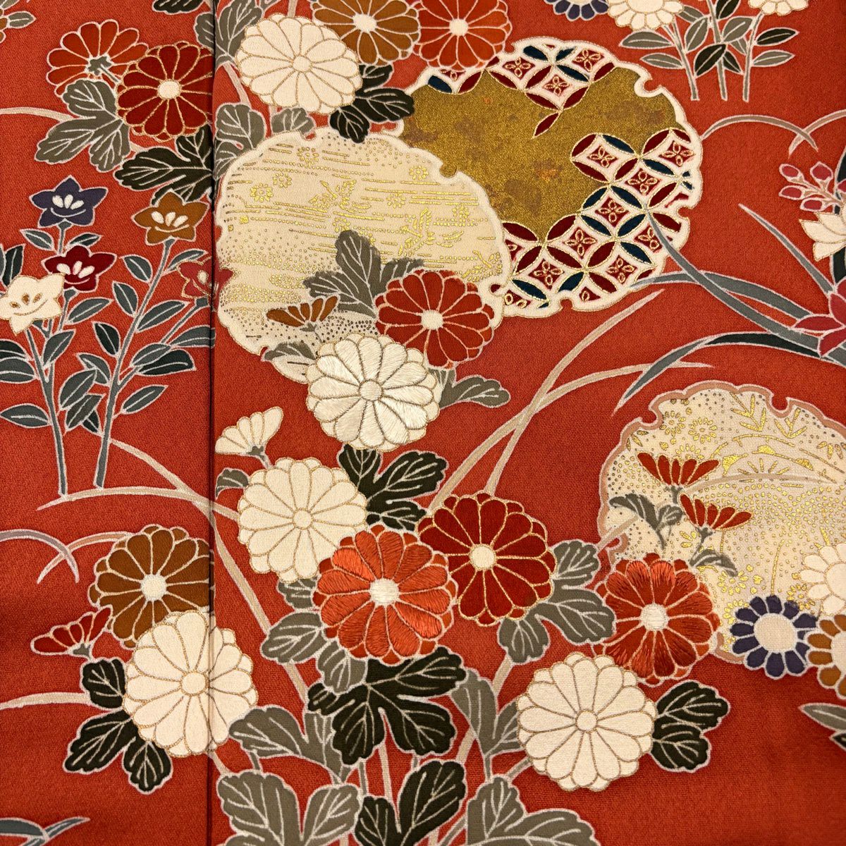 訪問服 身長161.5cm 袖長64.5cm M 雙層 雪輪 秋草 金彩裝飾 刺繡 紅茶 純蠶絲 秀品級