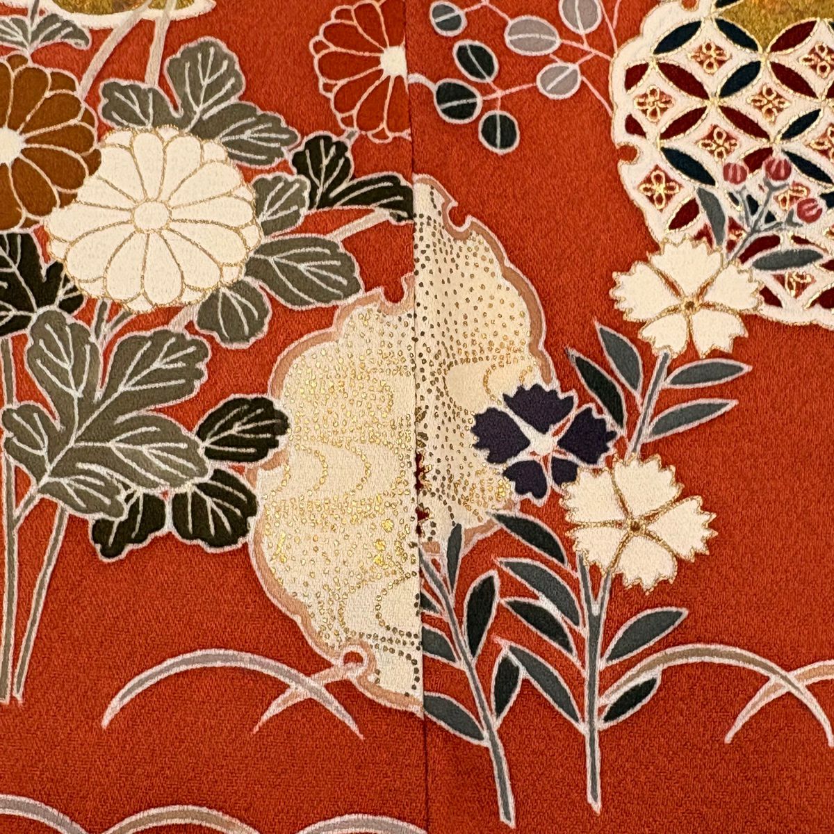 訪問服 身長161.5cm 袖長64.5cm M 雙層 雪輪 秋草 金彩裝飾 刺繡 紅茶 純蠶絲 秀品級