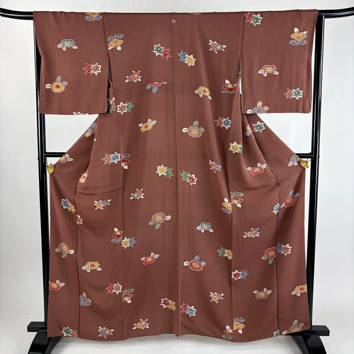 小紋 身長161.5cm 袖長66cm M 雙層 菊花 椿 絞緬 小豆 純蠶絲 秀品級 一個紋