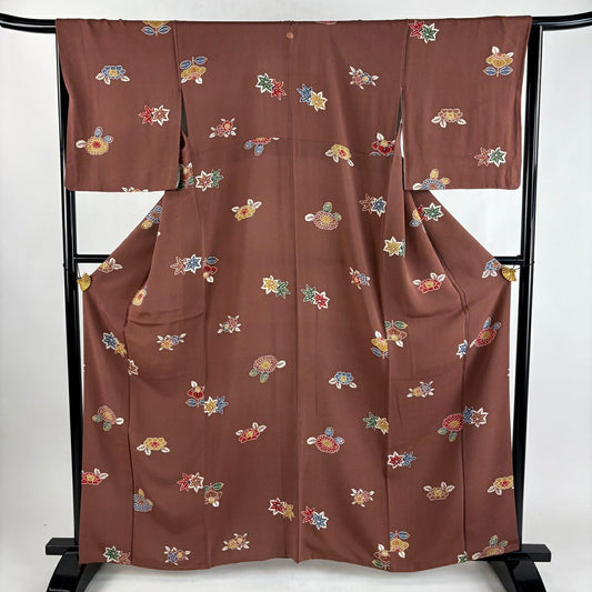 小紋 身長161.5cm 袖長66cm M 雙層 菊花 椿 絞緬 小豆 純蠶絲 秀品級 一個紋