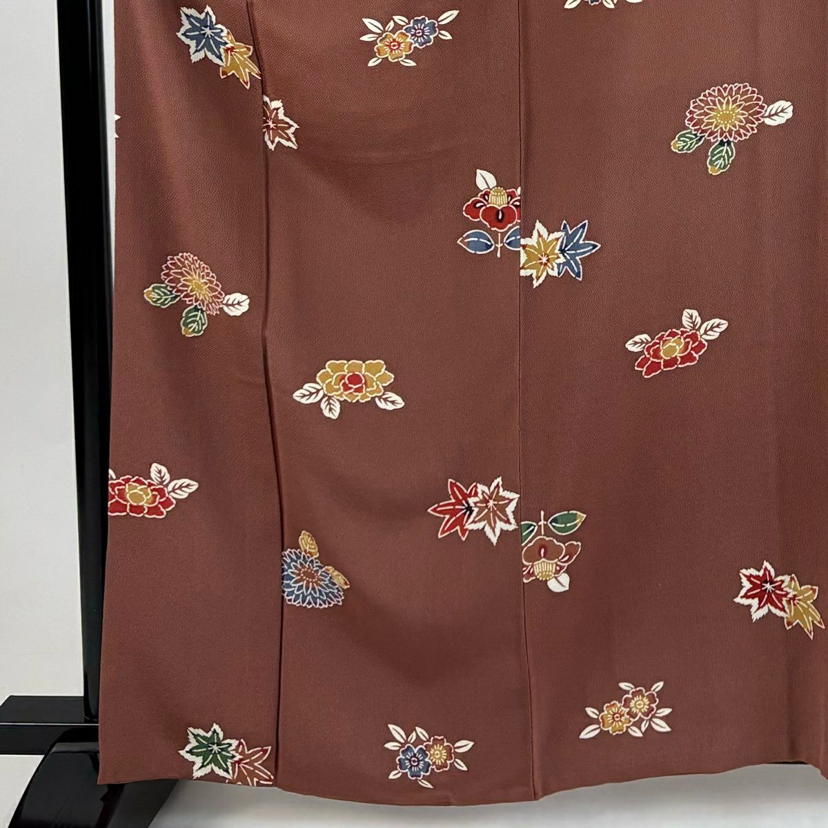 小紋 身長161.5cm 袖長66cm M 雙層 菊花 椿 絞緬 小豆 純蠶絲 秀品級 一個紋