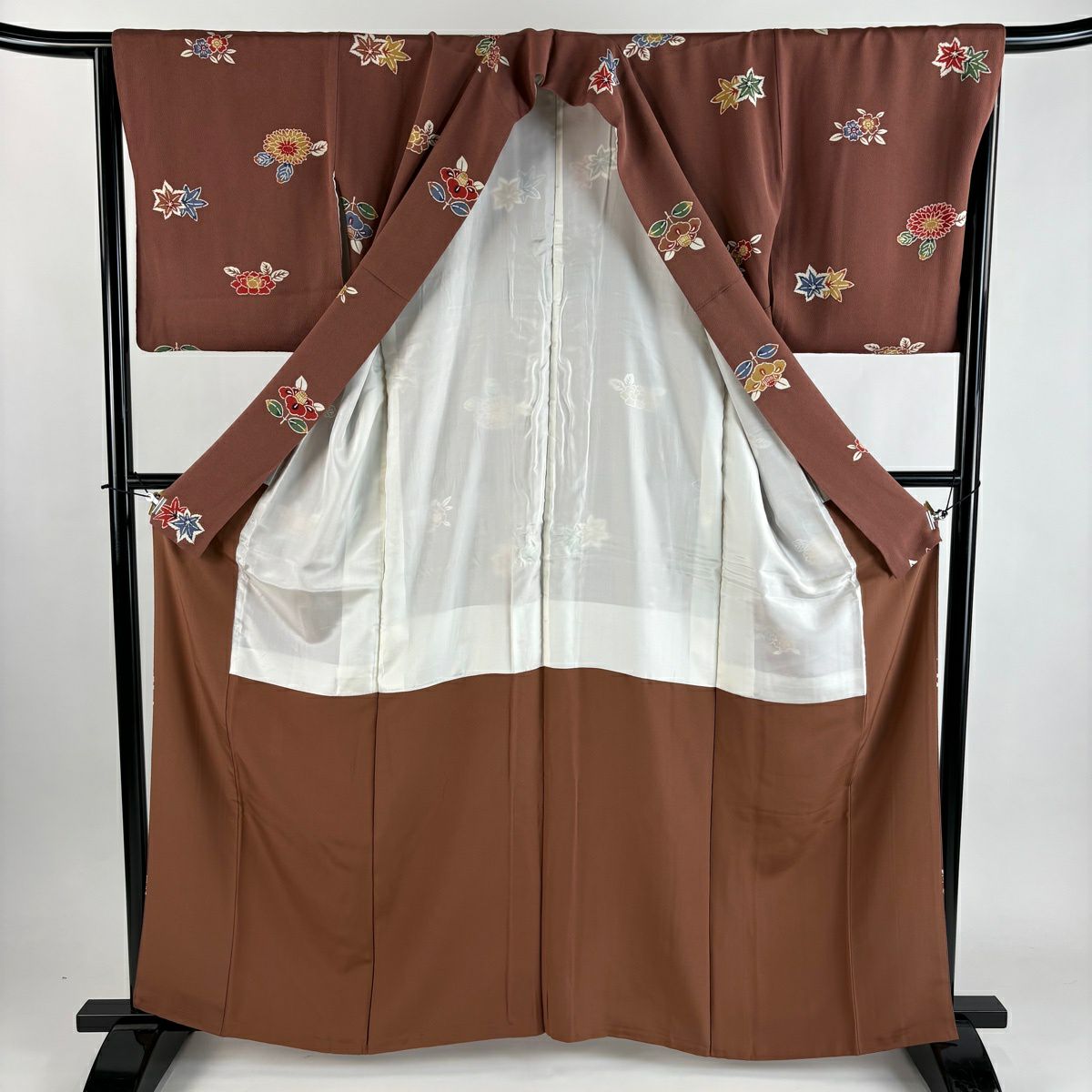 小紋 身長161.5cm 袖長66cm M 雙層 菊花 椿 絞緬 小豆 純蠶絲 秀品級 一個紋
