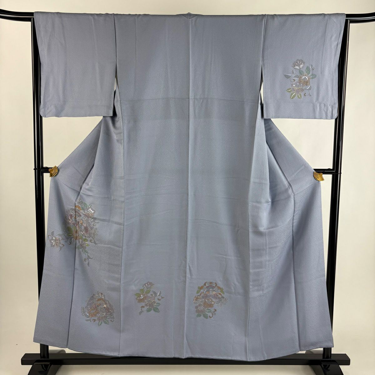 付下 身長156cm 袖長64.5cm M 雙層 向鳥 草花紋刺繡 金線 青灰色 純蠶絲 優品級