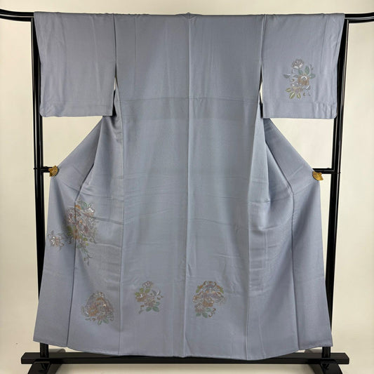 付下 身長156cm 袖長64.5cm M 雙層 向鳥 草花紋刺繡 金線 青灰色 純蠶絲 優品級
