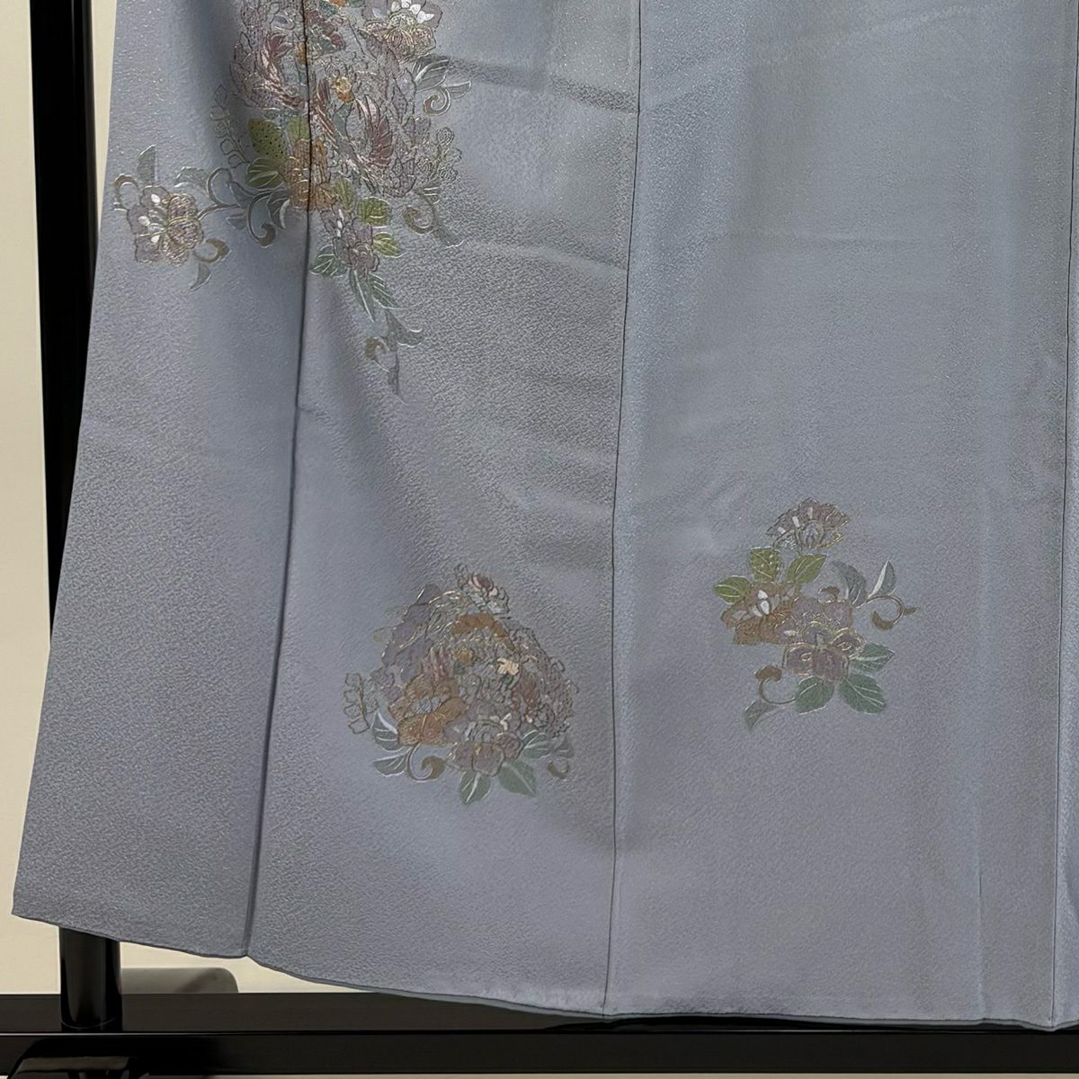 付下 身長156cm 袖長64.5cm M 雙層 向鳥 草花紋刺繡 金線 青灰色 純蠶絲 優品級
