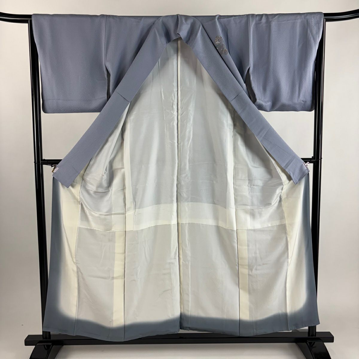 付下 身長156cm 袖長64.5cm M 雙層 向鳥 草花紋刺繡 金線 青灰色 純蠶絲 優品級