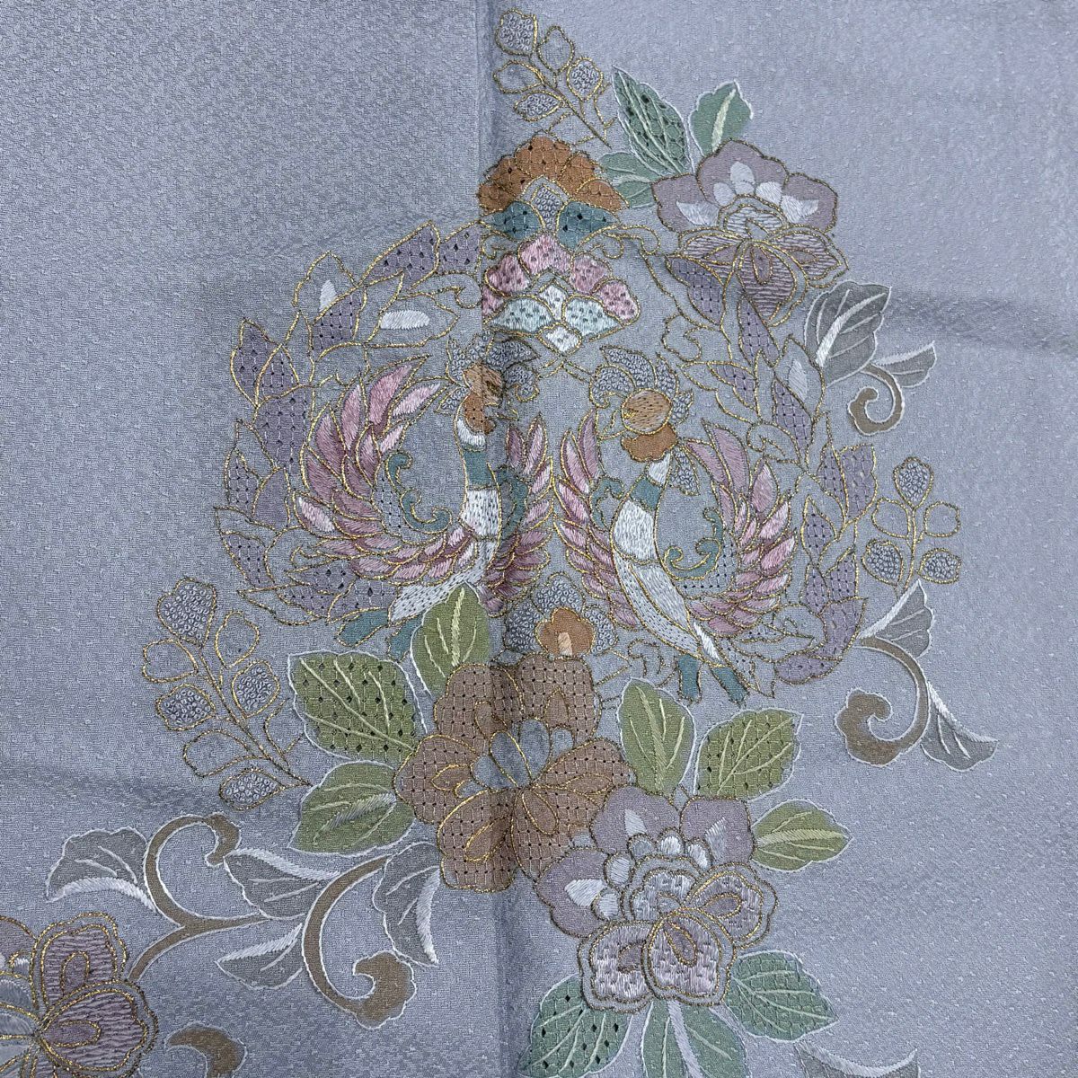付下 身長156cm 袖長64.5cm M 雙層 向鳥 草花紋刺繡 金線 青灰色 純蠶絲 優品級