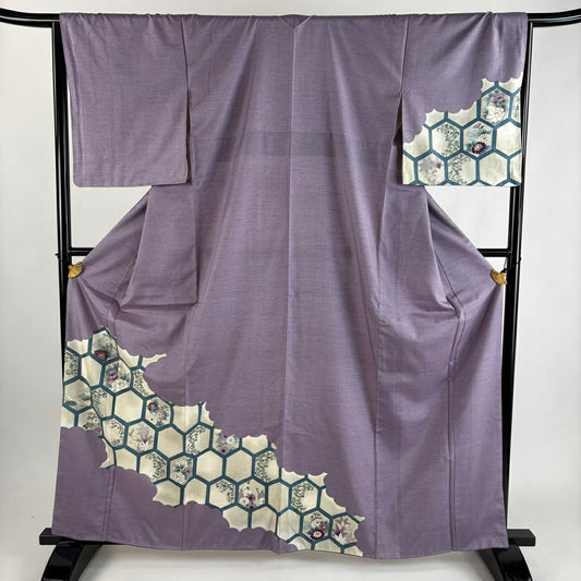 【美品】 付下 身長163.5cm 袖長66.5cm M 雙層 紬織織 龜甲 草花紋 金銀彩 漸層 紫 純蠶絲 優品級