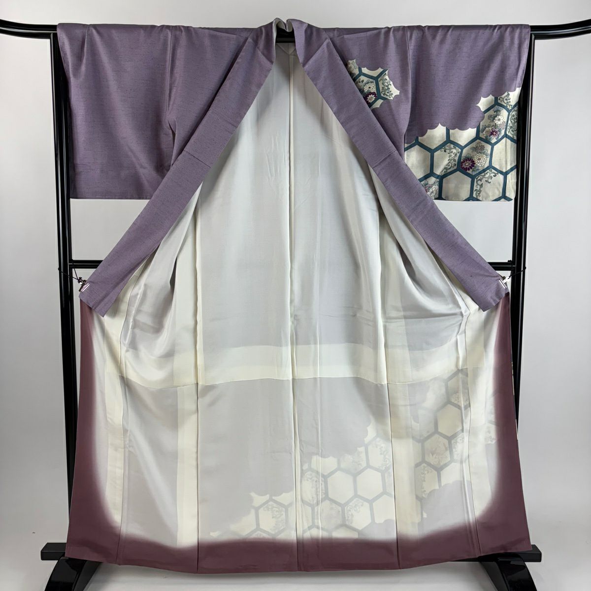 【美品】 付下 身長163.5cm 袖長66.5cm M 雙層 紬織織 龜甲 草花紋 金銀彩 漸層 紫 純蠶絲 優品級