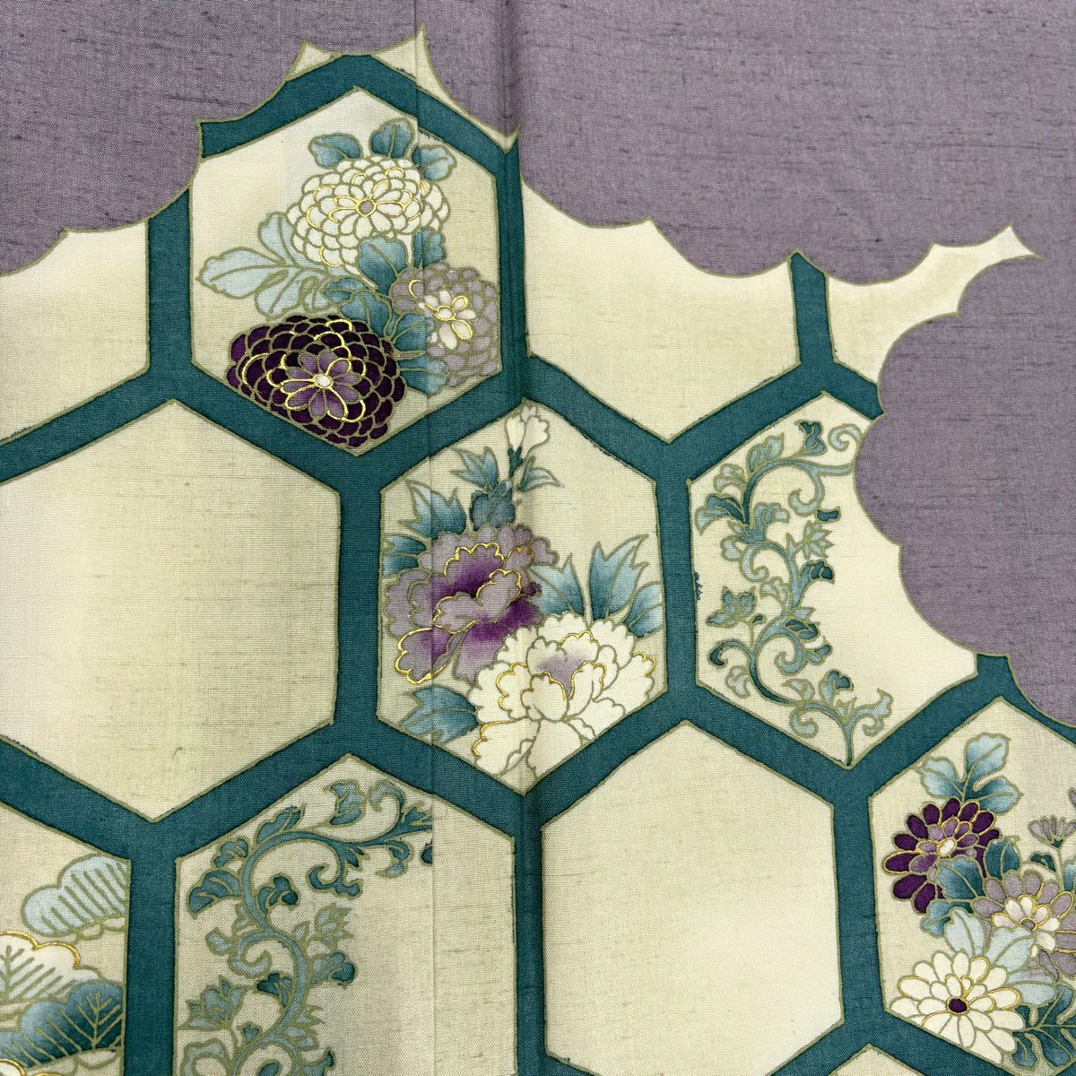 【美品】 付下 身長163.5cm 袖長66.5cm M 雙層 紬織織 龜甲 草花紋 金銀彩 漸層 紫 純蠶絲 優品級