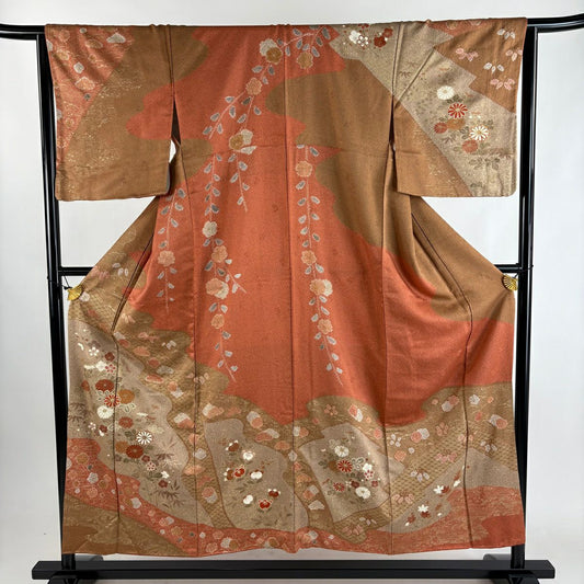 訪問服 身長155cm 袖長63cm S 雙層 菊花 松樹竹子梅花 金銀彩 染分 茜 純蠶絲 秀品級