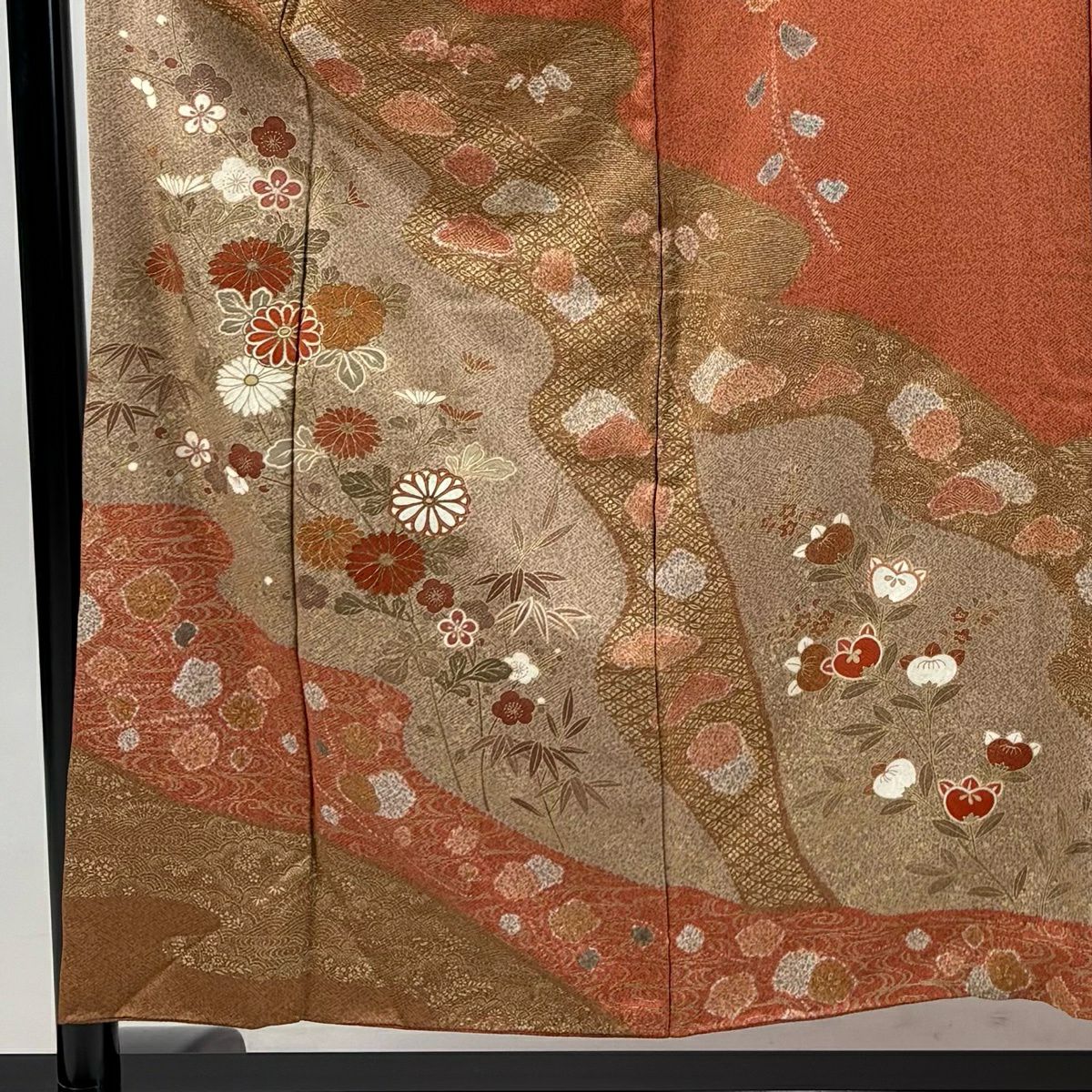 訪問服 身長155cm 袖長63cm S 雙層 菊花 松樹竹子梅花 金銀彩 染分 茜 純蠶絲 秀品級