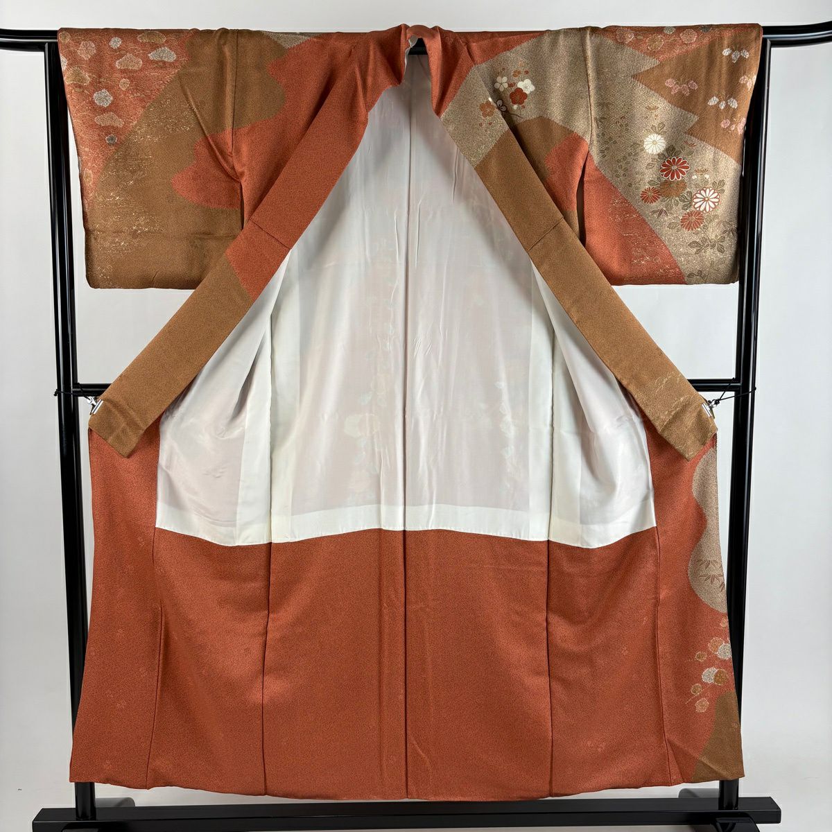 訪問服 身長155cm 袖長63cm S 雙層 菊花 松樹竹子梅花 金銀彩 染分 茜 純蠶絲 秀品級