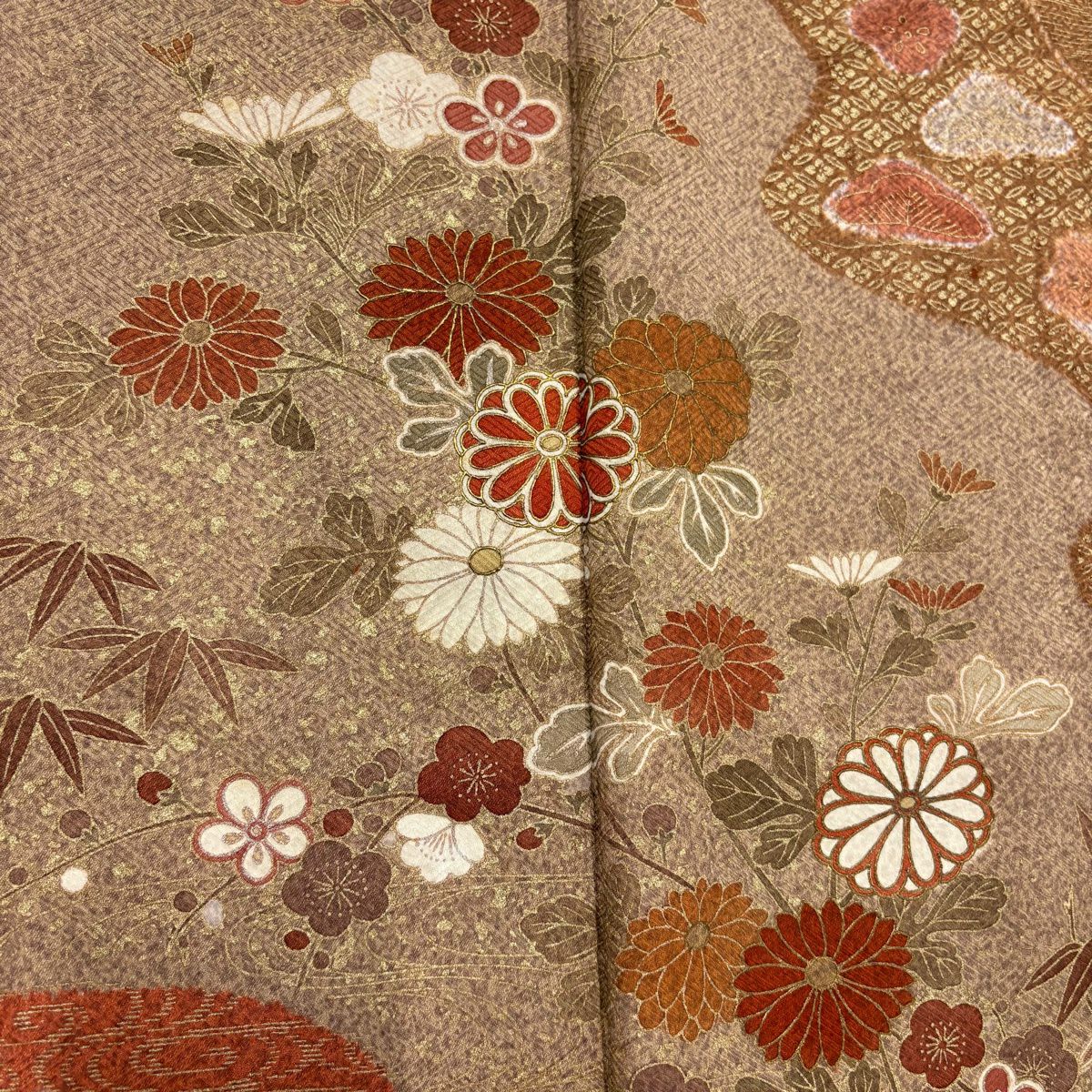 訪問服 身長155cm 袖長63cm S 雙層 菊花 松樹竹子梅花 金銀彩 染分 茜 純蠶絲 秀品級