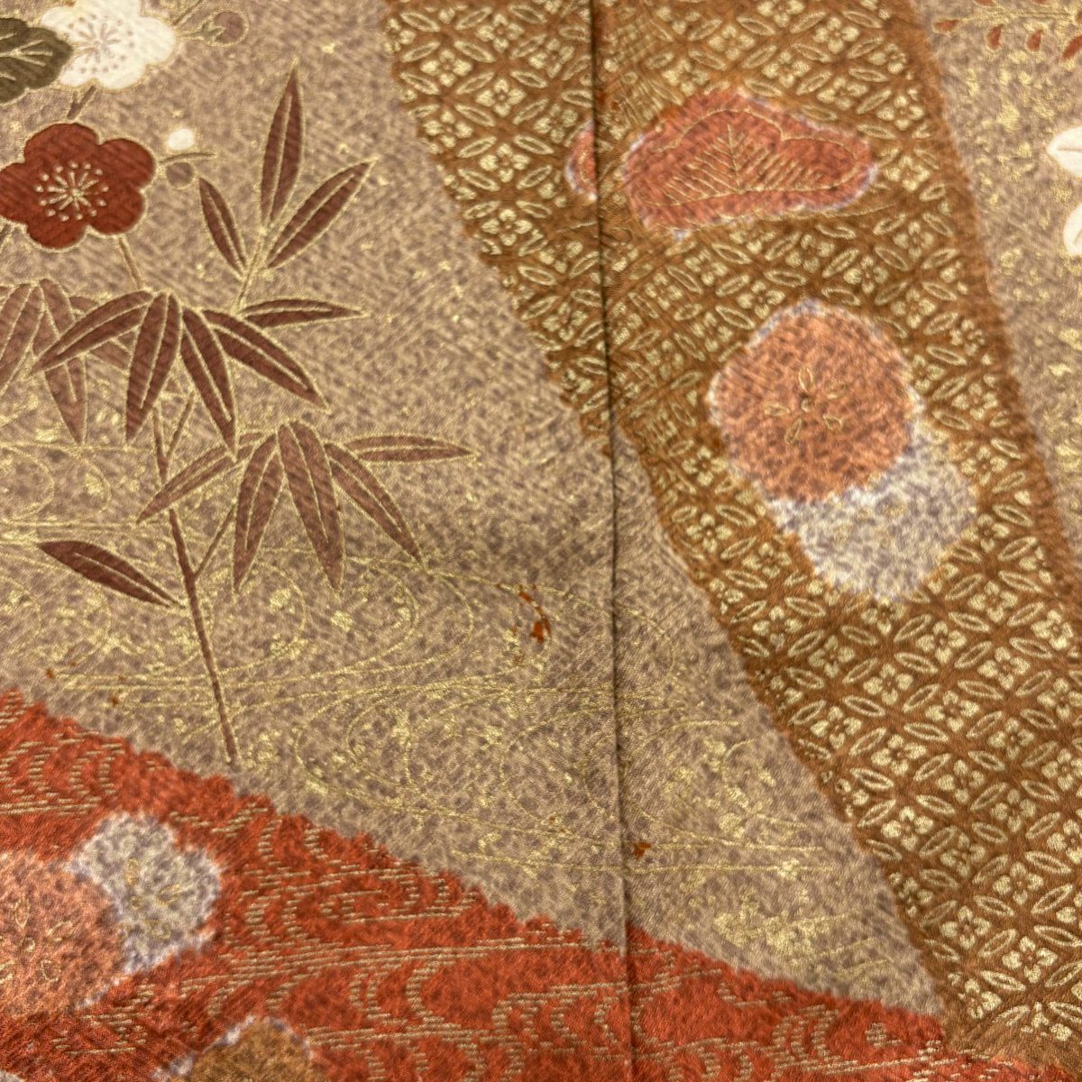 訪問服 身長155cm 袖長63cm S 雙層 菊花 松樹竹子梅花 金銀彩 染分 茜 純蠶絲 秀品級