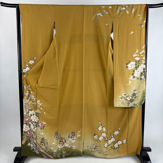 振袖禮服 身長166.5cm 袖長64cm M 雙層 束捲熨斗紋 牡丹 金彩裝飾 漸層 山吹色 純蠶絲 優品級