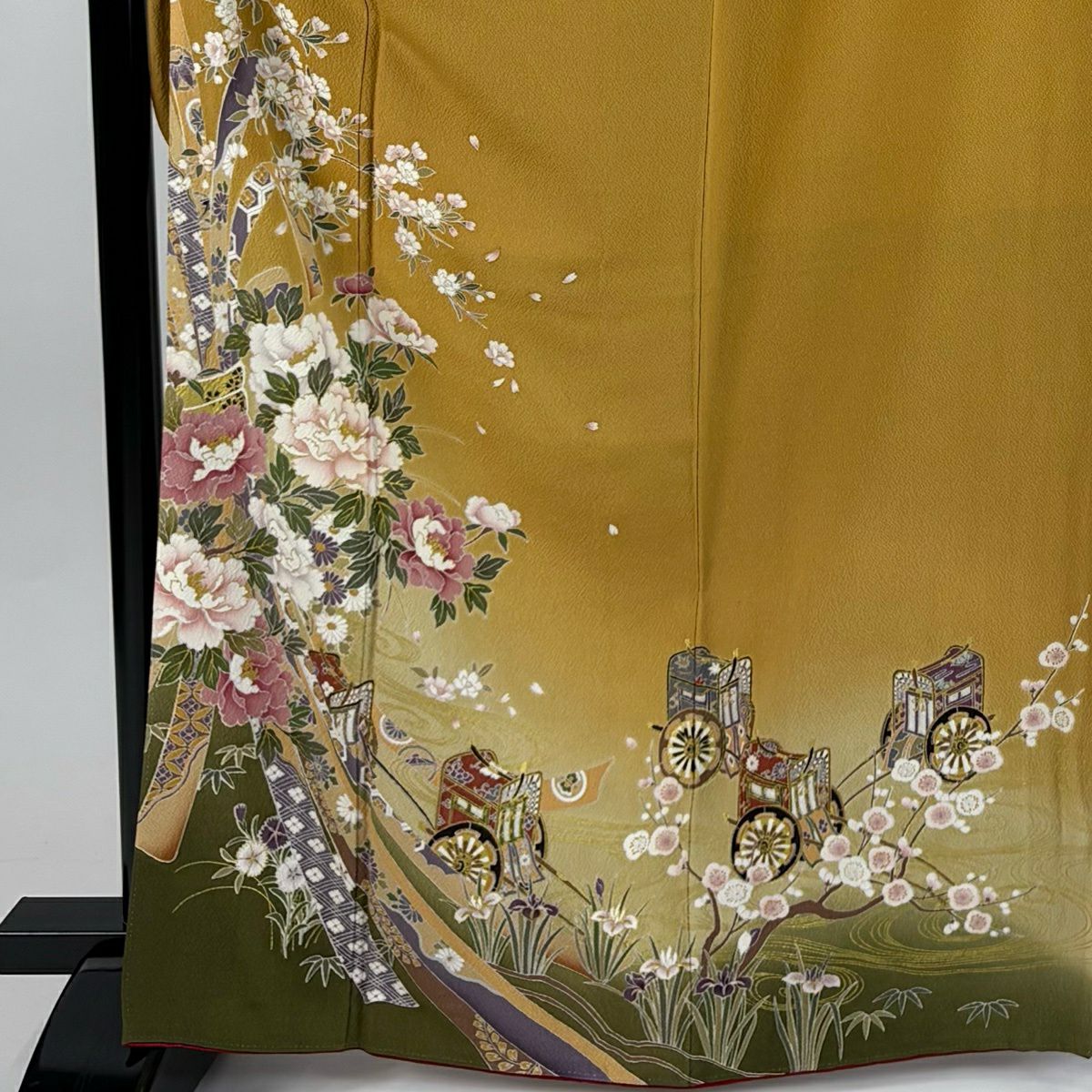 振袖禮服 身長166.5cm 袖長64cm M 雙層 束捲熨斗紋 牡丹 金彩裝飾 漸層 山吹色 純蠶絲 優品級