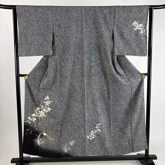 【美品】 付下 身長155cm 袖長63.5cm S 雙層 椿 孔雀 金銀彩 黑灰 純蠶絲 秀品級