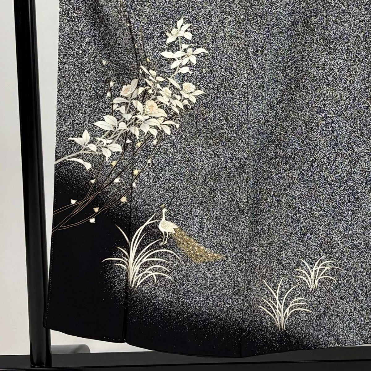 【美品】 付下 身長155cm 袖長63.5cm S 雙層 椿 孔雀 金銀彩 黑灰 純蠶絲 秀品級