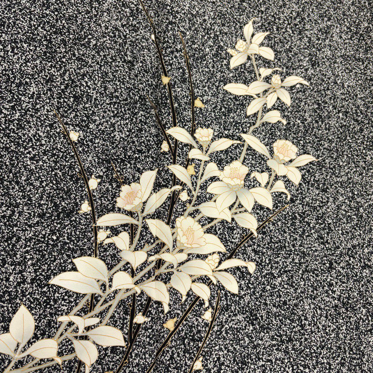 【美品】 付下 身長155cm 袖長63.5cm S 雙層 椿 孔雀 金銀彩 黑灰 純蠶絲 秀品級