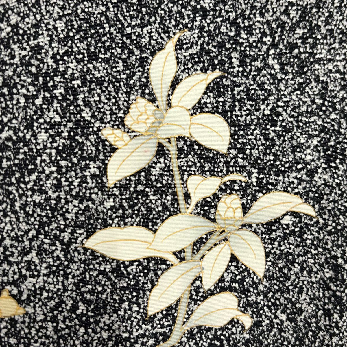 【美品】 付下 身長155cm 袖長63.5cm S 雙層 椿 孔雀 金銀彩 黑灰 純蠶絲 秀品級