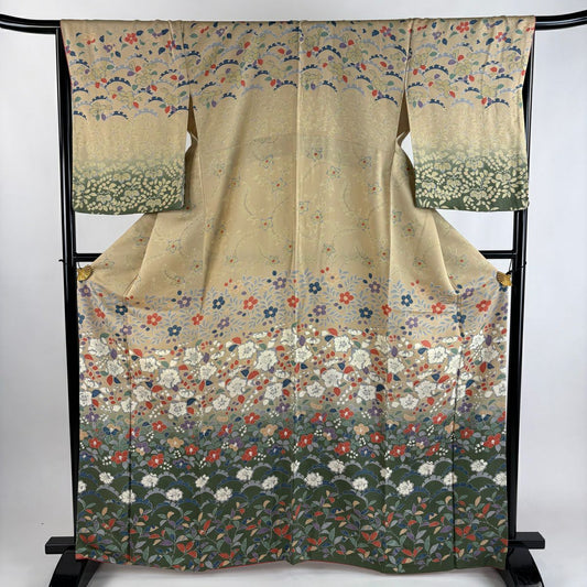 訪問服 身長166cm 袖長66cm M 雙層 辻花染 雪芝 茶 純蠶絲 秀品級