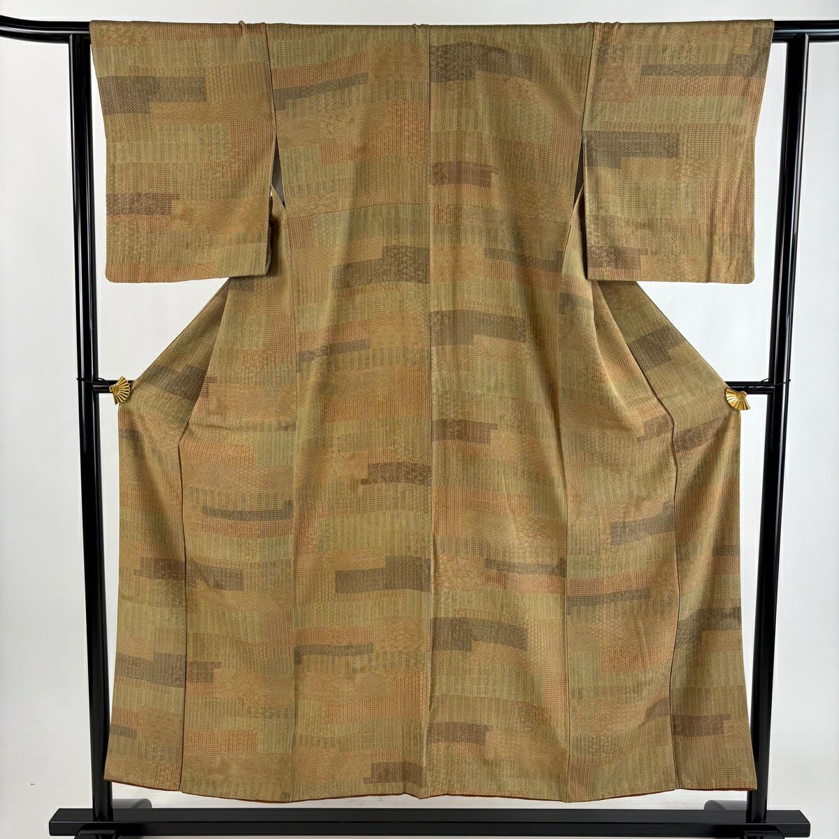 小紋 身長150cm 袖長62cm S 雙層 寄せ柄 楓 黃土 純蠶絲 秀品級