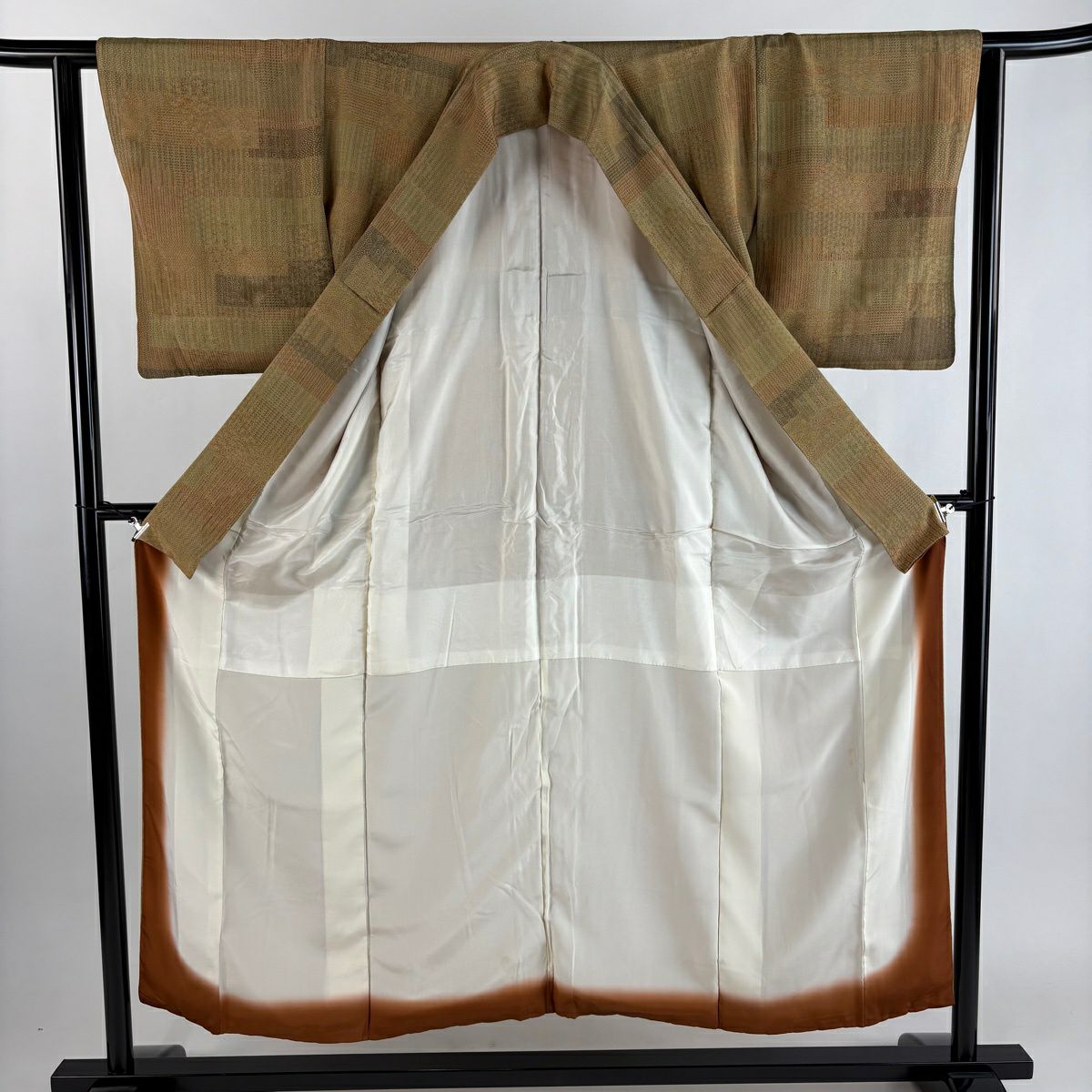 小紋 身長150cm 袖長62cm S 雙層 寄せ柄 楓 黃土 純蠶絲 秀品級