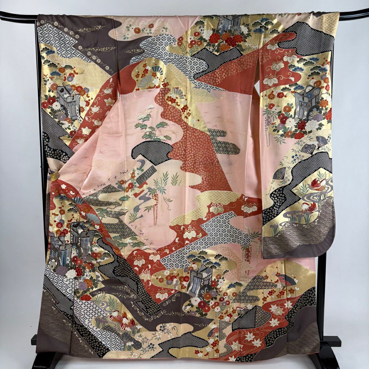 振袖禮服 身長167cm 袖長67cm M 雙層 御所車 草花紋紋 金銀彩 金糸 淺粉色 純蠶絲 秀品級