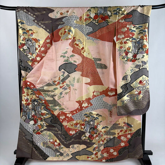 振袖禮服 身長167cm 袖長67cm M 雙層 御所車 草花紋紋 金銀彩 金糸 淺粉色 純蠶絲 秀品級