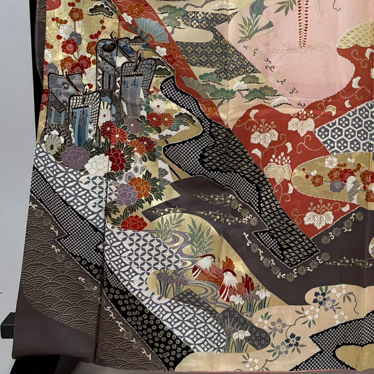 振袖禮服 身長167cm 袖長67cm M 雙層 御所車 草花紋紋 金銀彩 金糸 淺粉色 純蠶絲 秀品級