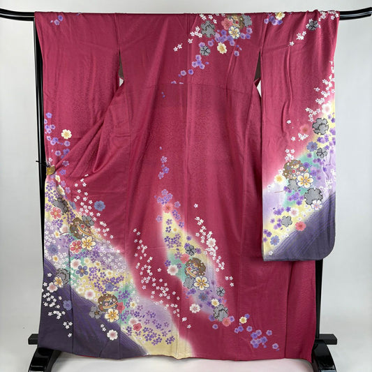 振袖禮服 身長168.5cm 袖長69cm L 雙層 鈴 梅花 金絲 金銀彩 粉紅 純蠶絲 秀品級