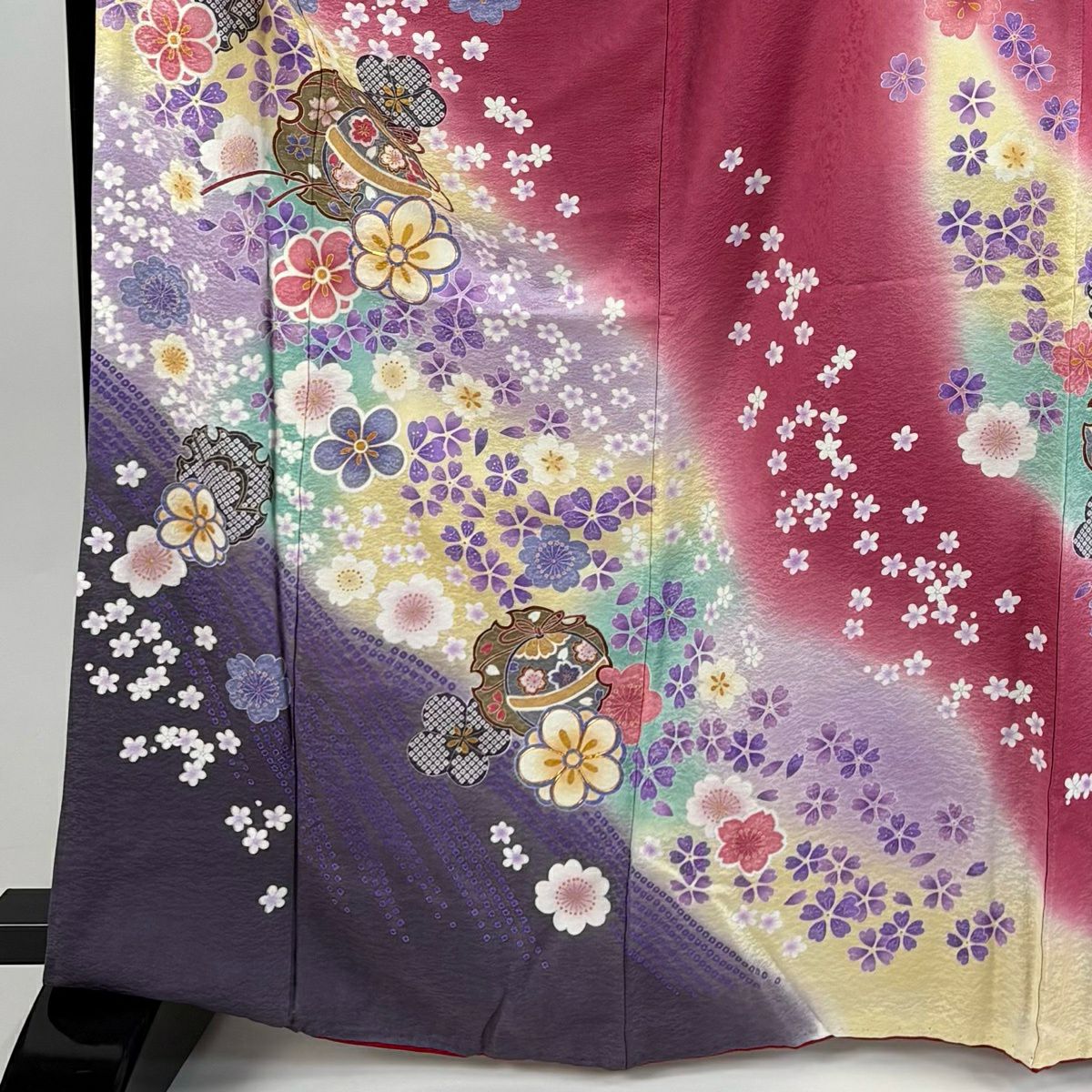 振袖禮服 身長168.5cm 袖長69cm L 雙層 鈴 梅花 金絲 金銀彩 粉紅 純蠶絲 秀品級