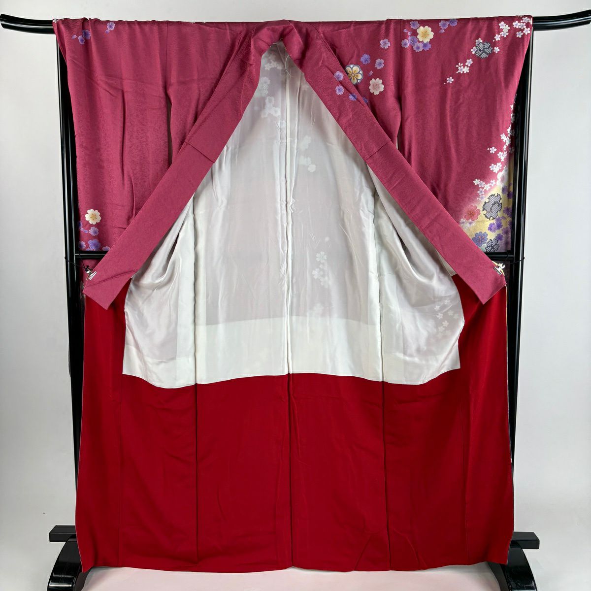 振袖禮服 身長168.5cm 袖長69cm L 雙層 鈴 梅花 金絲 金銀彩 粉紅 純蠶絲 秀品級
