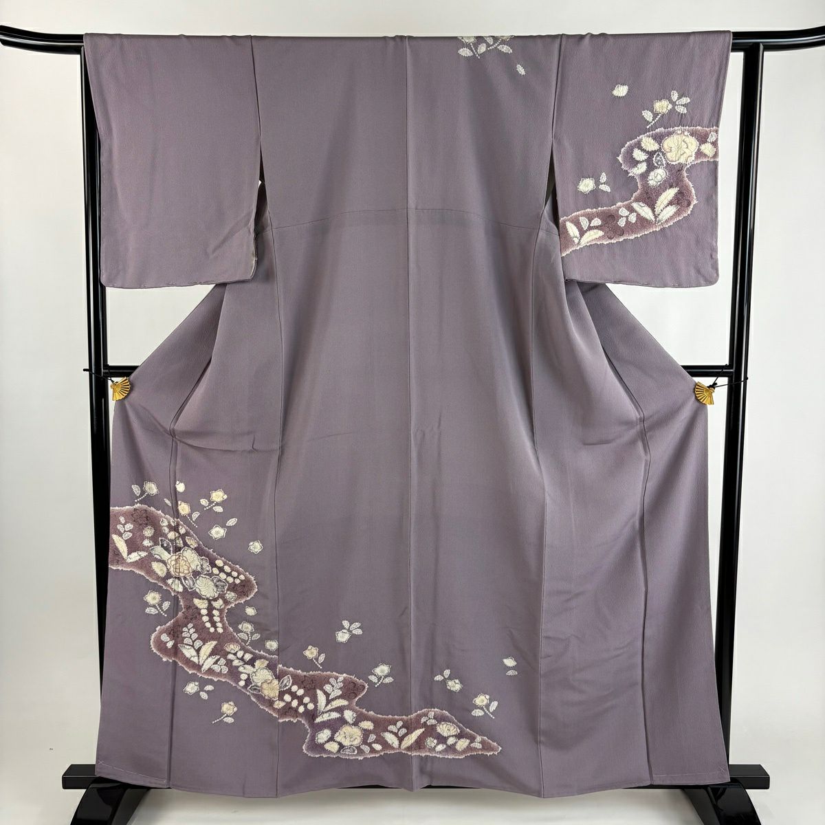 付下 身長160.5cm 袖長64cm M 雙層 辻花染圖案 霞 絞染 灰紫 純蠶絲 優品級