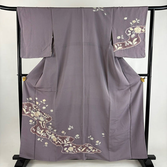 付下 身長160.5cm 袖長64cm M 雙層 辻花染圖案 霞 絞染 灰紫 純蠶絲 優品級