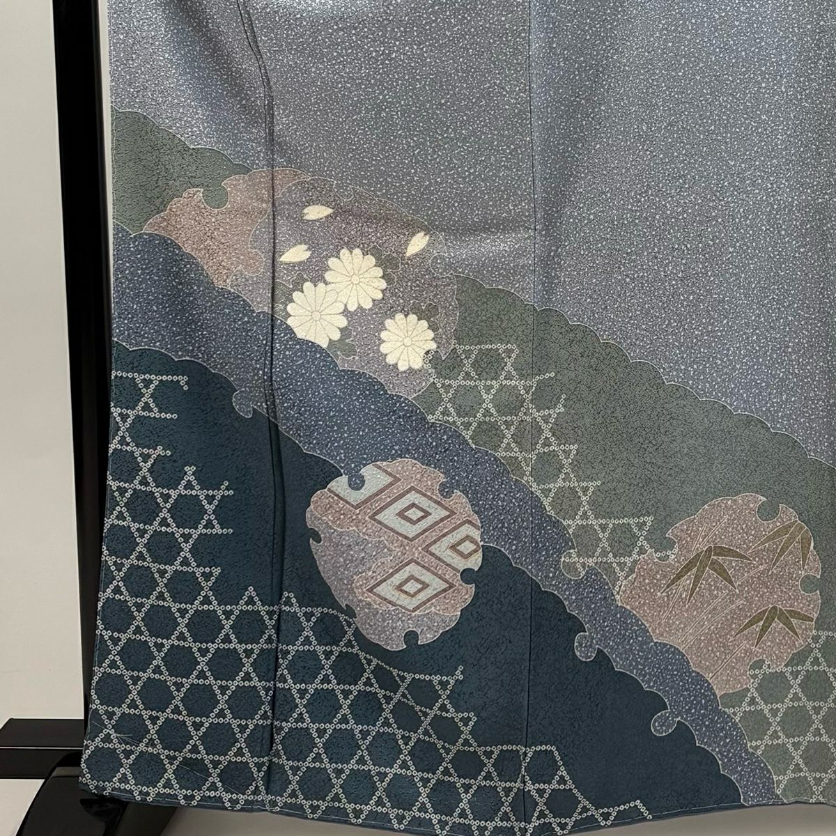訪問服 身長164cm 袖長67cm M 雙層 大久保玄才 落款あり 雪輪 菊花 金銀彩 青灰 純蠶絲 秀品級