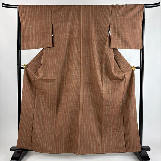 【美品】 小紋 身長163cm 袖長66cm M 雙層 紬織織 幾何學圖案 小豆色 純蠶絲 秀品級