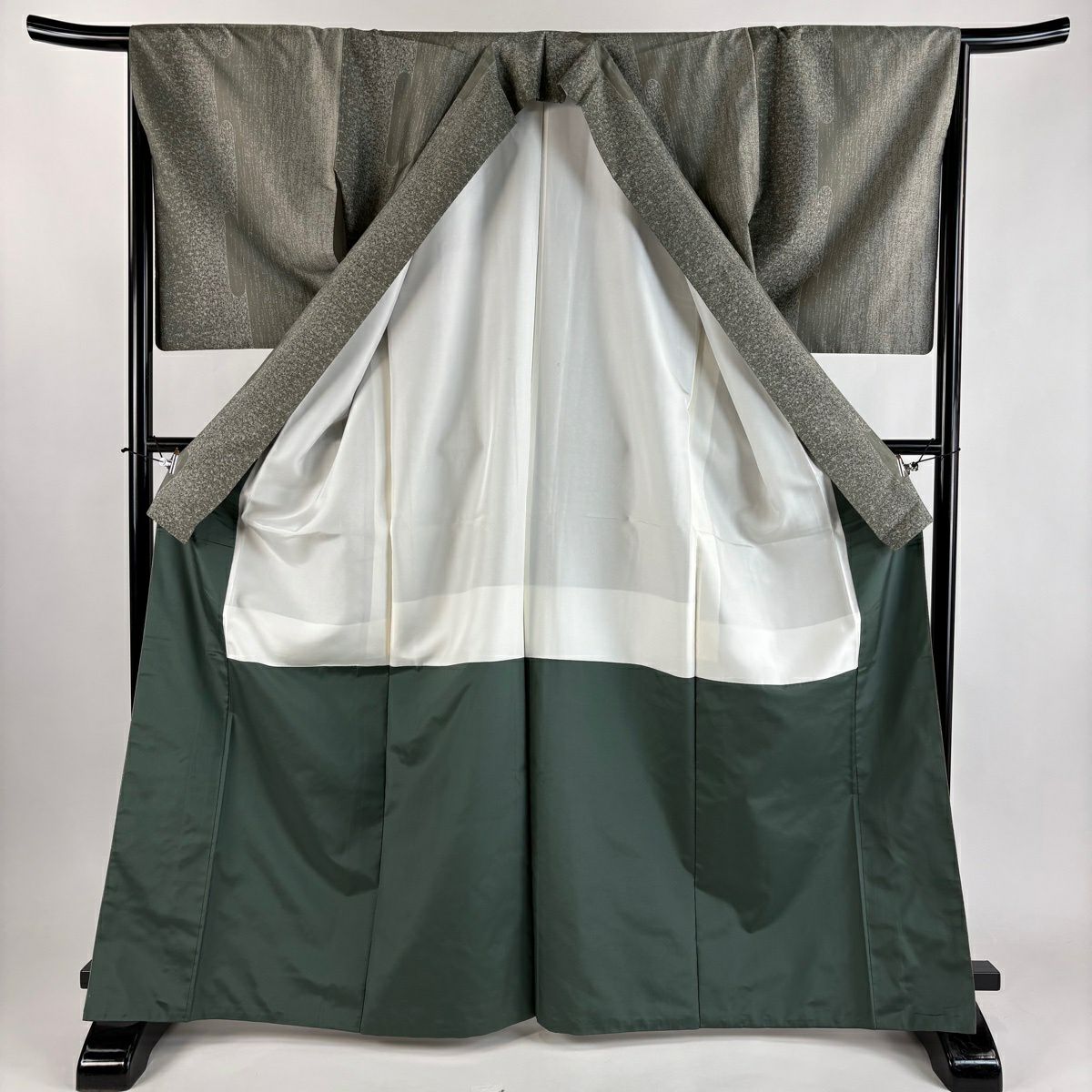 【美品】 紬織 身長167cm 袖長66cm M 雙層 幾何圖案 灰綠 純蠶絲 秀品級