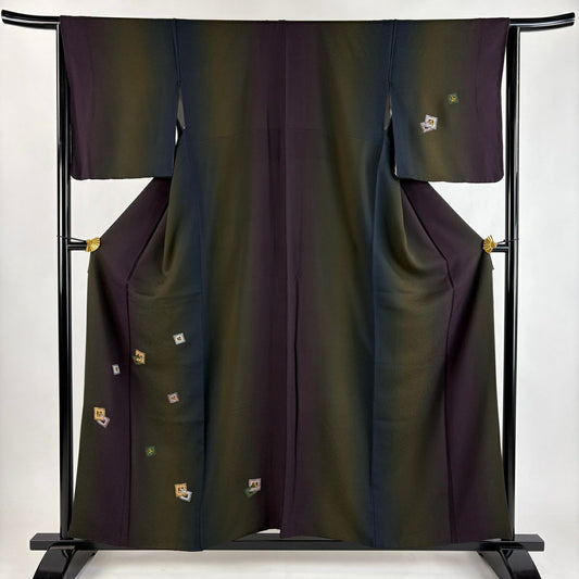【美品】 付下 身長159cm 袖長64.5cm M 雙層 幾何圖案 小花 金銀彩 縱向漸變 深紫 純蠶絲 優品級