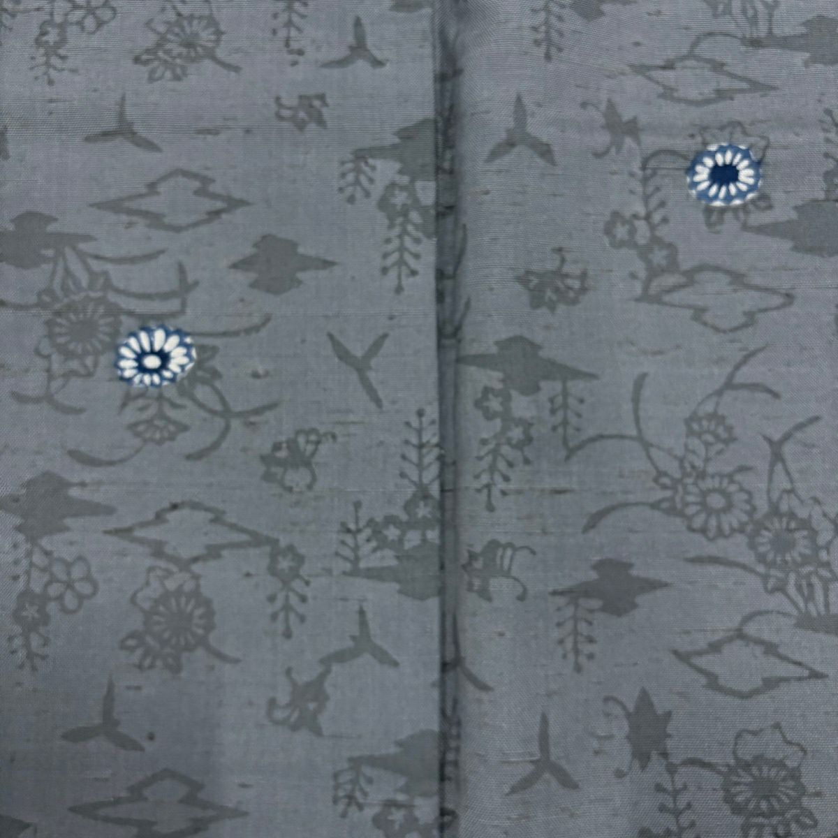 【美品】 小紋 身長168.5cm 袖長65.5cm M 雙層 菊花 草花紋紋 紬織織 青灰 純蠶絲 秀品級