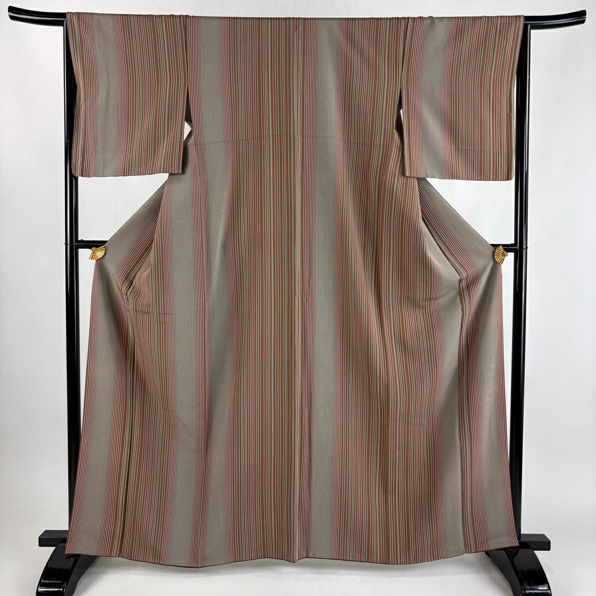 【美品】 小紋 身長164.5cm 袖長65cm M 雙層 縞 灰茶 純蠶絲 秀品級