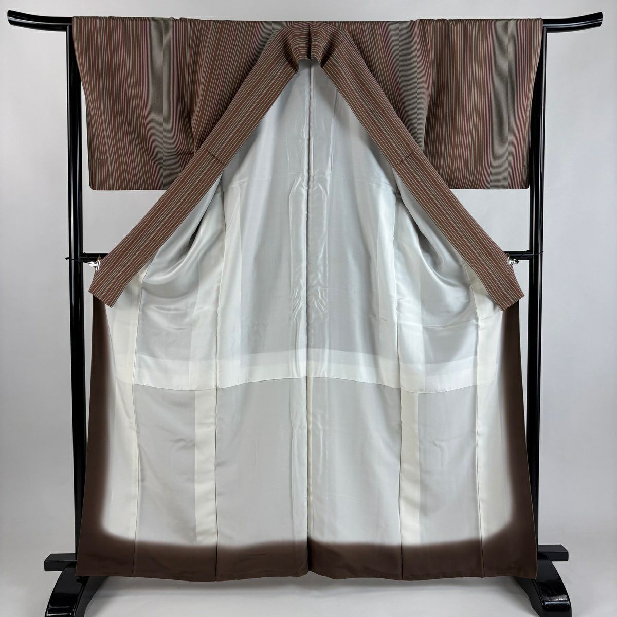 【美品】 小紋 身長164.5cm 袖長65cm M 雙層 縞 灰茶 純蠶絲 秀品級