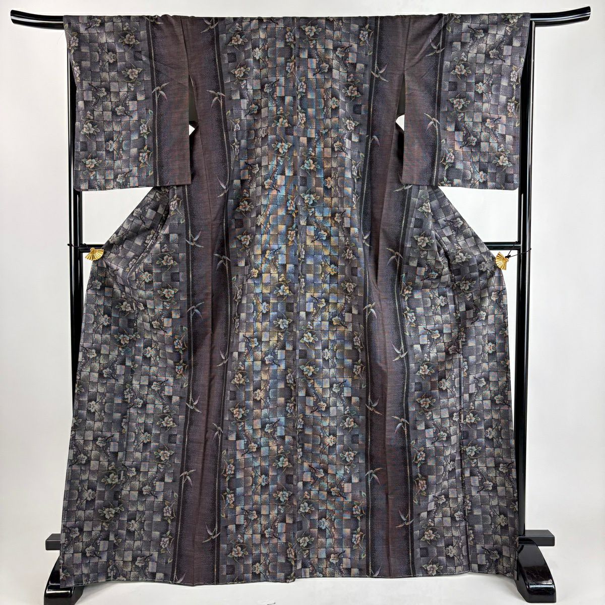 【美品】 紬織 身長171cm 袖長67cm M 雙層 草花紋紋 市松樹 灰紫 純蠶絲 秀品級